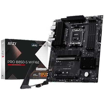 MSI PRO B850-S WIFI6E, ATX, Socket AM5, 4x DDR5 Dual Channel  up to 8200(OC)MHz, 2x PCIe x16 slot, 2x M.2 slot, 4x USB 5Gbps, 3x USB 10Gbps, 1x USB 10Gbps Type-C, HDMI, DP, 7.1 HD Audio, 2.5G LAN, WiFI 6E, BT, 3Y