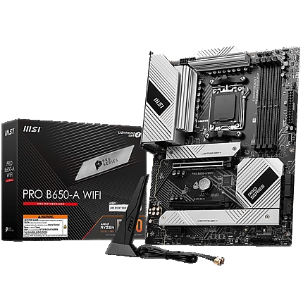 MSI PRO B650-A WIFI, ATX, Socket AM5, Dual Channel DDR5 7600+(OC)MHz, 2x PCIe x16 slot, 3x M.2 slots, 1x HDMI, 1x DP, 2xUSB 2.0, 4xUSB 5Gbps Type A, 3xUSB 10Gbps Type A, 1xUSB 20Gbps Type C, 7.1 HD Audio, 2.5Gbps LAN, Wi-Fi 6E, BT 5.3
