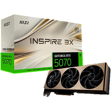 MSI Video Card Nvidia GeForce RTX 5070 12G INSPIRE 3X OC, 12GB GDDR7, 192bit, Effective Memory Clock: 28000MHz, Boost: 2557 MHz, 6144 CUDA Cores, PCIe 5.0, 3x DP 2.1b, HDMI 2.1b, RAY TRACING, Triple Fan, 1x16pin, 650W Recommended PSU, 3Y