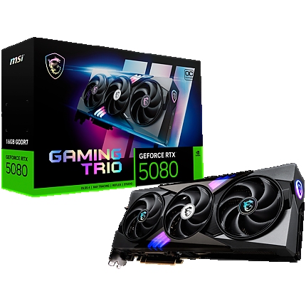 MSI Video Card Nvidia GeForce RTX 5080 16G GAMING TRIO OC, 16GB GDDR7, 256bit, Effective Memory Clock: 30000MHz, Boost: 2617 MHz, 10752 CUDA Cores, PCIe 5.0, 3x DP 2.1a, HDMI 2.1b, RAY TRACING, Triple Fan, 1x16pin, 850W Recommended PSU, 3Y