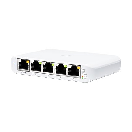 UBIQUITI Flex Mini; (4) GbE ports; (1) GbE PoE input port for power; Optional powering with included 5V, 1A USB-C adapter.