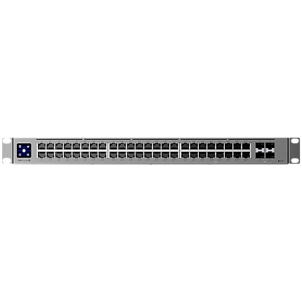 Ubiquiti 48-port, Layer 3 switch 2.5 GbE and PoE++ output, 16x 2.5 GbE ports including (8) PoE+ and (8) PoE++, 32x GbE ports including (24) PoE+ and (8) PoE++, 4x 10G SFP+ ports. Can power devices with up to 720W, it has power consumption of 100W (Excludi
