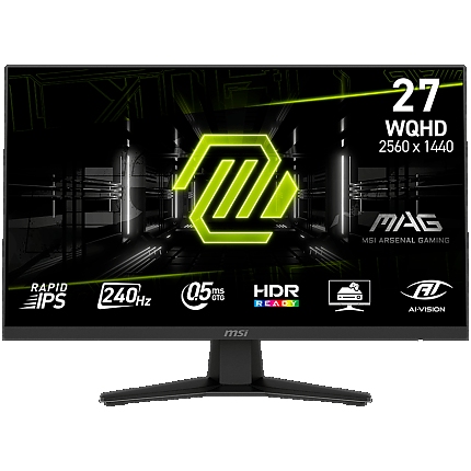 MSI MAG 274QF x24 Gaming Monitor, 27" 240Hz, WQHD (2560x1440) 16:9, Rapid IPS Anti-glare, 0.5ms, 250nits, 1000:1, 178/178, AMD FreeSync Premium, Tilt, 1x DP, 2x HDMI, 1x Headphone out, 3Y Warranty