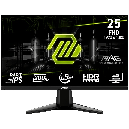 MSI MAG 255F E20, Gaming Monitor, 24.5" 200Hz, FHD (1920x1080) 16:9, Rapid IPS Anti-glare, 0.5ms, 300nits, 1000:1, 178/178, AMD FreeSync Premium, Tilt, 1x DP, 2x HDMI, 1x Headphone-out, 3Y Warranty