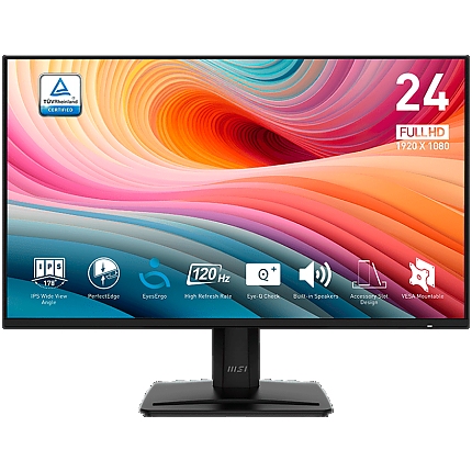 MSI PRO MP242A E2 Professional Business Monitor, 23.8" 120Hz, FHD (1920x1080) 16:9, IPS Anti-glare, 1ms/4ms, 300nits, 1500:1, 178/178, Adaptive-Sync, Tilt, Speakers, 1x D-Sub(VGA), 1x HDMI, 1x DP, 1x Headphone-out, 3Y Warranty