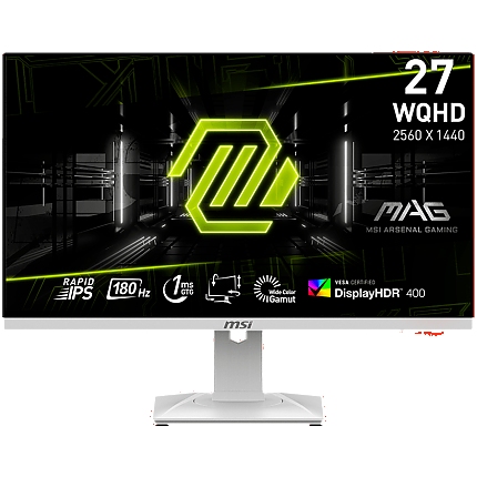 MSI MAG 274QRFW Gaming Monitor, 27" 180Hz, WQHD (2560x1440) 16:9, Rapid IPS Anti-glare, 1ms, 400nits, 1000:1, 178/178, AMD FreeSync, DisplayHDR 400, Adjustable Stand, 1x DP, 2x HDMI, 1x Headphone out, White, 3Y Warranty