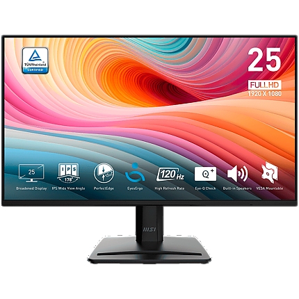 MSI PRO MP252 E2 Professional Business Monitor, 24.5" 120Hz, FHD (1920x1080) 16:9, IPS Anti-glare, 1ms/4ms, 300nits, 1500:1, 178/178, Adaptive-Sync, Tilt, Speakers, 1x HDMI, 1x DP, 1x Headphone-out, 3Y Warranty