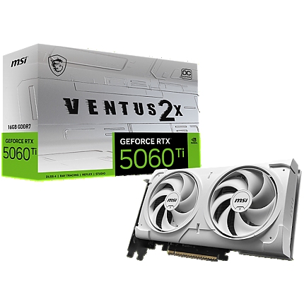 MSI Video Card NVIDIA GeForce RTX 5060 Ti 16G VENTUS 2X OC WHITE PLUS, 16GB GDDR7, 128-bit, 2602 MHz Boost, 4608 CUDA Cores, PCIe 5.0 (x8), 3x DP 2.1b, HDMI 2.1b, RAY TRACING, Dual Fan, 180W TDP, 8-pin PCIe Power, G-SYNC, 2-Slot, 3Y