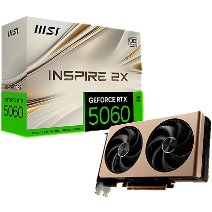 MSI Video Card NVIDIA GeForce RTX 5060 8G INSPIRE 2X OC, 8GB GDDR7, 128-bit, 2535 MHz Boost, 3840 CUDA Cores, PCIe 5.0 (x8), 3x DP 2.1b, HDMI 2.1b, RAY TRACING, Dual Fan, 145W TDP, 8-pin PCIe Power, G-SYNC, 2-Slot, 3Y