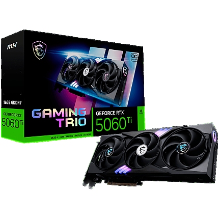 MSI Video Card NVIDIA GeForce RTX 5060 Ti 16G GAMING TRIO OC, 16GB GDDR7, 128-bit, 2662 MHz Boost, 4608 CUDA Cores, PCIe 5.0 (x8), 3x DP 2.1b, HDMI 2.1b, RAY TRACING, Triple Fan, 180W TDP, 16-pin PCIe 5.0 (12V-2x6), G-SYNC, 2.25-Slot, 3Y