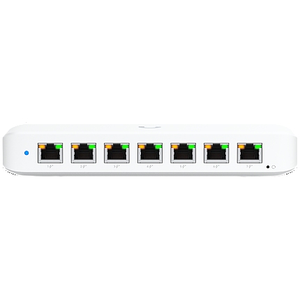 Ubiquiti USW-Ultra-210W-EU compact, Layer 2, 8-port GbE PoE switch with versatile mounting options, 7x GbE PoE+ output ports, GbE port with optional PoE++ input, 202W PoE availability with the included AC power adapter