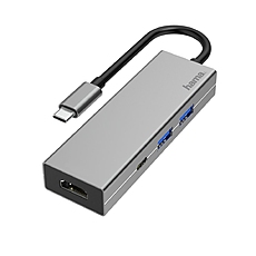 Hama USB-C Hub, Multiport, 4 Ports, 2 x USB-A, USB-C, HDMI, Silver