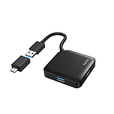 Hama USB Hub, 4 Ports, USB 3.2 Gen 1, 5 Gbit/s, incl. USB-C Adapter, Black