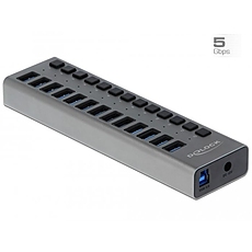 USB хъб Delock 63738, 13 x USB-A, 1 x USB-B, 5 Gbps, Превключвател, LED индикатор, Сив