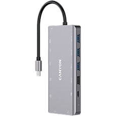 Canyon 13 in 1 USB C hub, with 2*HDMI, 3*USB3.0: support max. 5Gbps, 1*USB2.0: support max. 480Mbps, 1*PD: support max 100W PD, 1*VGA,1* Type C data, 1*Glgabit Ethernet, 1*3.5mm audio jack, cable 15cm, Aluminum alloy housing,130*57.5*15 mm,DarK gray