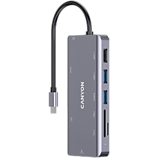 Canyon9 in 1 USB C hub, with 1*HDMI: 4K*30Hz,1*Gigabit Ethernet,, 1*Type-C PD charging port, Max 100W PD input. 2*USB3.0,transfer speed up to 5Gbps. 1*USB 2.0, 1*SD, 1*3.5mm audio jack, cable 18cm, Aluminum alloy housing115*46*15 mm, 88.5g, Dark grey