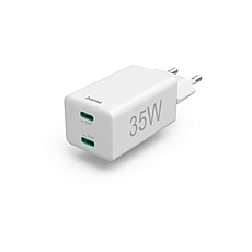 Hama Fast Charger, 2x USB-C, PD/Qualcomm®, Mini-Charger, 35 W, white