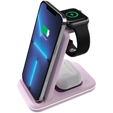 CANYON WS-304,  Foldable  3in1 Wireless charger, with touch button for Running water light, Input 9V/2A,  12V/1.5AOutput 15W/10W/7.5W/5W, Type c to USB-A cable length 1.2m, with QC18W EU plug,132.51*75*28.58mm, 0.168Kg, Iced Pink
