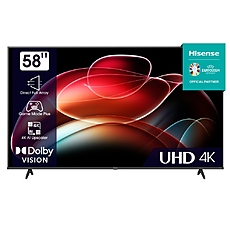 Hisense 58" A6K, 4K Ultra HD 3840x2160, DLED, DFA, Precision Colour, HDR 10+, HLG, Dolby Vision, DTS Virtual X, Smart TV, WiFi, BT, AnyView Cast, Gaming Mode, 1xHDMI2 eArc, 2xHDMI, 2xUSB, LAN, CI+, DVB-T2/C/S2, Black