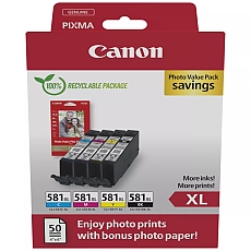 Canon CLI-581 XL C/M/Y/BK PVP + Canon Photo Paper Variety Pack A4 & 10 x 15cm (VP-101)