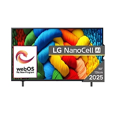LG 50NANO80A3B, 50" 4K HDR Smart Nano Cell TV, 3840x2160, DVB-T2/C/S2, AI Alpha 7, HDR 10 PRO, webOS 25, ThinQ AI, VRR, ALLM, HGiG, WiFi, Clear Voice, AI Upscaling, Bluetooth, Hdmi e-ARC , CI, LAN, AirPlay2, Chromecast, 2 Pole stand, Black