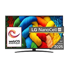 LG 50NANO81A3A, 50" 4K HDR Smart Nano Cell TV, 3840x2160, DVB-T2/C/S2, AI Alpha 7, HDR 10 PRO, webOS 25, ThinQ AI, VRR, ALLM, HGiG, WiFi, Clear Voice, AI Upscaling, Bluetooth, Hdmi e-ARC , CI, LAN, AirPlay2, Chromecast, 2 Pole stand, Black