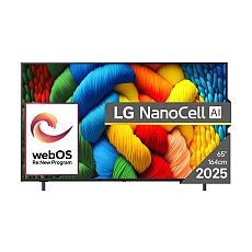 LG 65NANO80A3B, 65" 4K HDR Smart Nano Cell TV, 3840x2160, DVB-T2/C/S2, AI Alpha 7, HDR 10 PRO, webOS 25, ThinQ AI, VRR, ALLM, HGiG, WiFi, Clear Voice, AI Upscaling, Bluetooth, Hdmi e-ARC , CI, LAN, AirPlay2, Chromecast, 2 Pole stand, Black