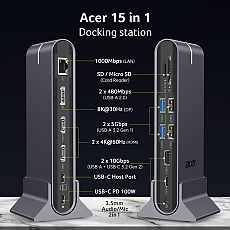 Acer Type C Universal docking station 15in1, 2 x HDMI 4K@60Hz, 1 x DP 8k@30Hz, 5 x USB A, 1 x USB C, 1 x RJ45, 1x SD /Micro SD, 1 x TF, 1 x Audio  3.5mm jack, Windows, ChromeOS, macOS, Gray