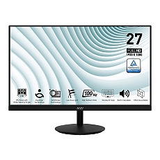 MSI PRO MP271A, 27", 1ms, 100Hz, IPS, 1920x1080 (FHD), 16:9, FLAT, Display Kit App, Adaptive-Sync, EyesErgo, Less Blue Light, 108% SRGB, AG, 300 nits, 1000:1, DP(1.2a), HDMI 1.4b, VGA, Line-in, Speakers 2x2W, Tilt, VESA, Black, 3.9kg