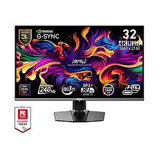 MSI MPG 322URX QD-OLED, 31.5", 0.03ms, 240Hz, Flat, 3840x2160 UHD, 16:9, G-Sync Compatible, HDR True Black 400, 450 nits, 99% DCI-P3, AG, 1.5M:1, 100M:1, DP(2.1a), 2xHDMI 2.1, 1xTypeC DP alt. w/PD (98W), USB HUB, Pivot, Heigh Adj., VESA, Black, 9.6kg