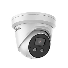 HikVision 4 MP AcuSense Strobe Light and Audible Warning Fixed Turret Network Camera, 2.8 mm, F1.4, IR up to 30m, H.265+, IP67, built-in microphone, built-in Speaker, built-in memory card slot (up to 512 GB), 12Vdc/PoE 8.8W