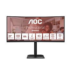 AOC CU34E4CV, 34" Curved 1500R VA WLED, 3440x1440@120Hz, 4ms GtG, 350cd m/2, 3500:1, 20M:1 DCR, Adaptive Sync, FlickerFree, Anti Blue Mode, 5Wx2, Tilt, Height Adjust, Swivel, 2xHDMI, DP, USB hub, RJ45